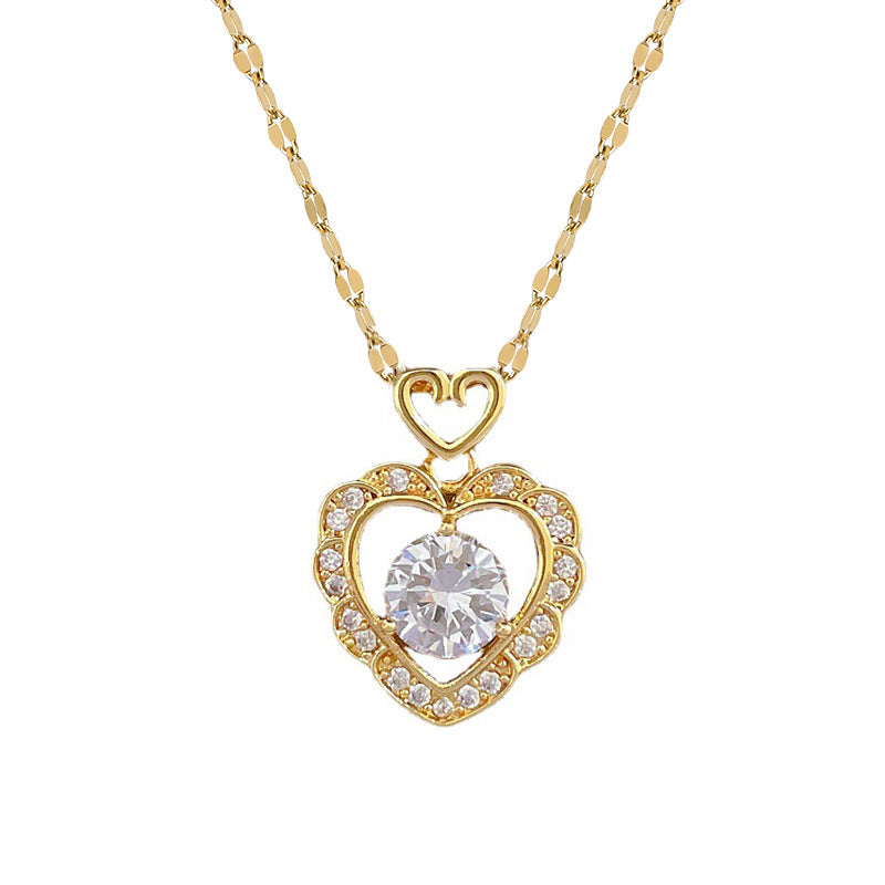 Luxury Titanium Steel Heart-Shaped Full Rhinestone Pendant Necklace for Women, Elegant Clavicle Chain for Wedding, Banquet, and Special Occasions