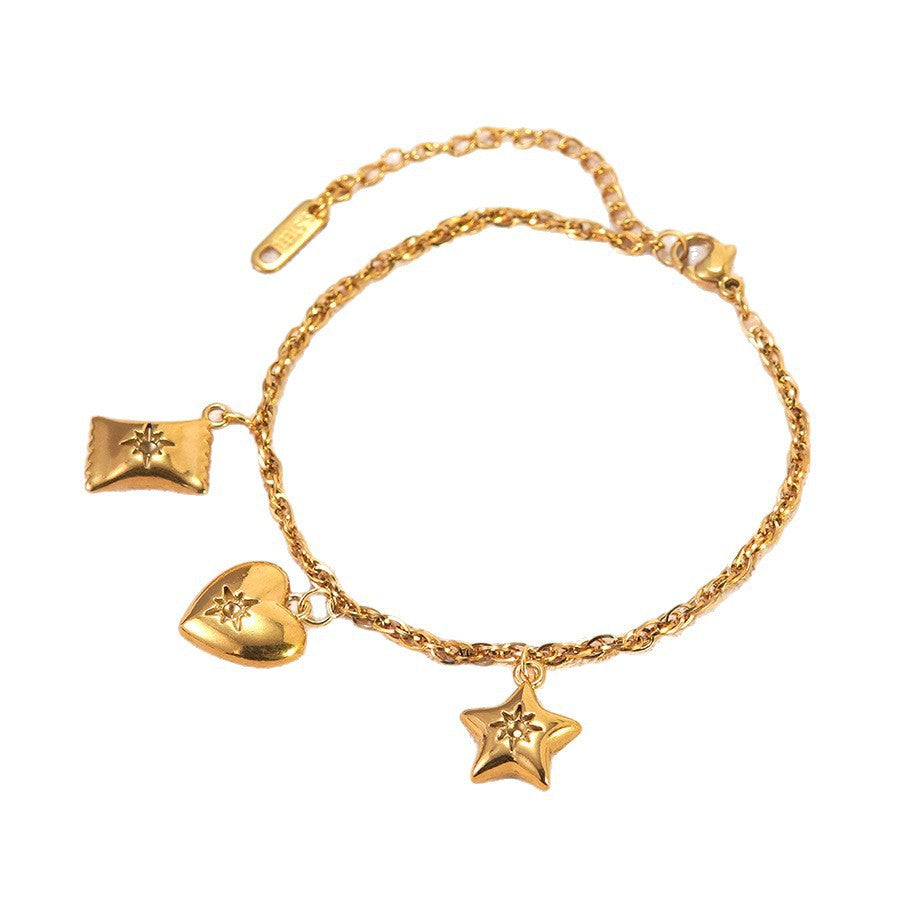 Elegant 18K Gold Plated Stainless Steel Heart Teardrop Star Geometric Bracelet for Women