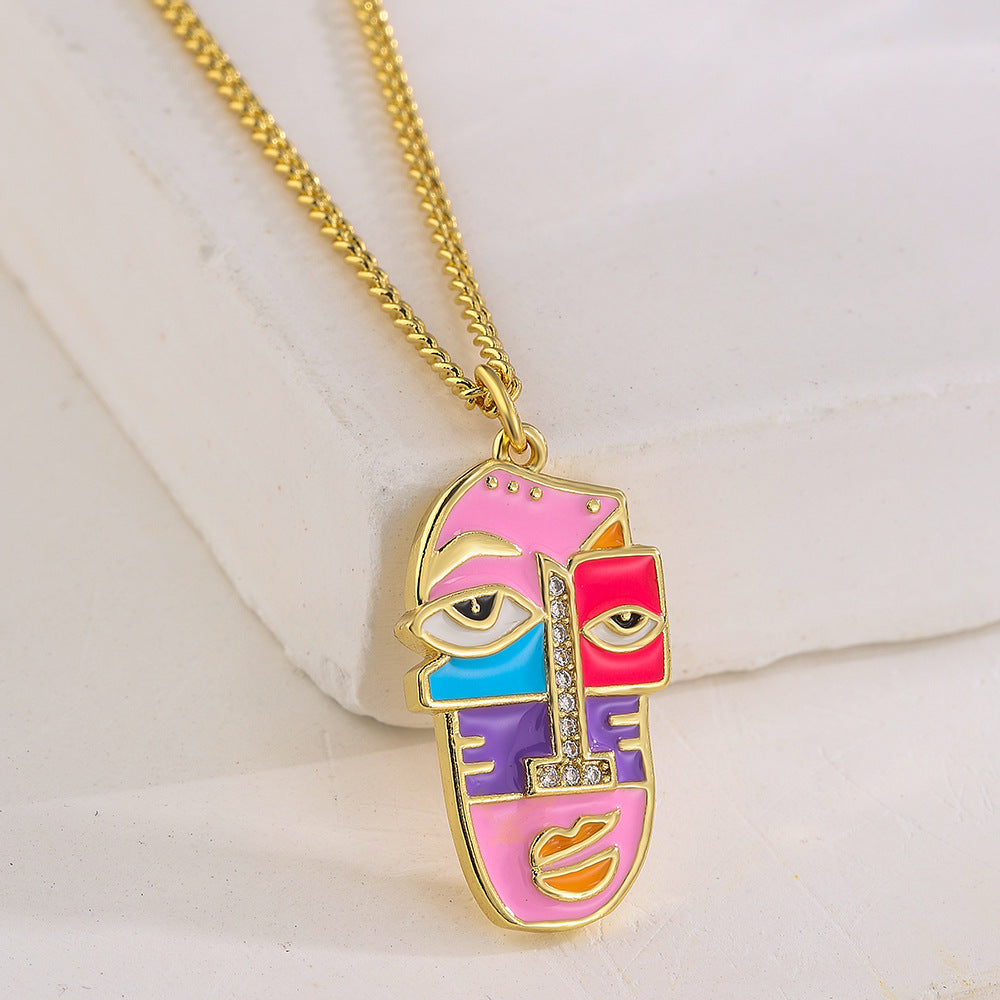 Abstract Face Pendant Necklace for Women in Copper with 18K Gold Plating Rhinestone Inlay and Enamel Finish