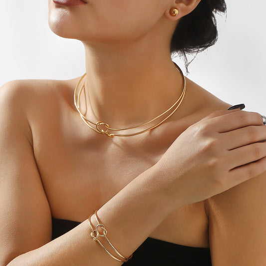 Punk Style Circular Geometric Iron Choker Necklace Set with Electroplated Finish for Women