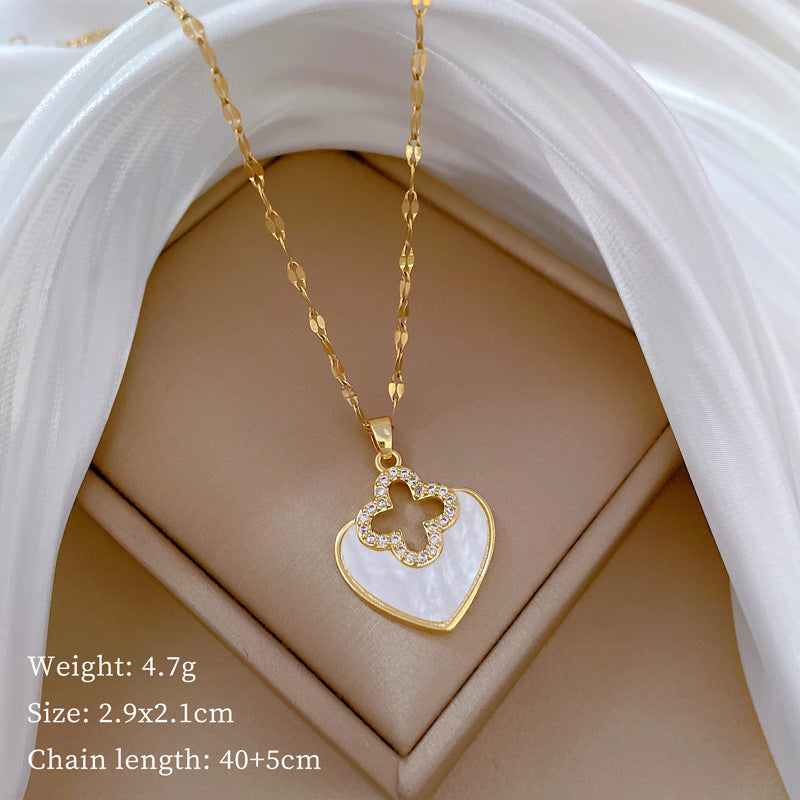 Collana di lusso in acciaio al titanio con cuore geometrico, strass e catena a labbra per donne e uomini