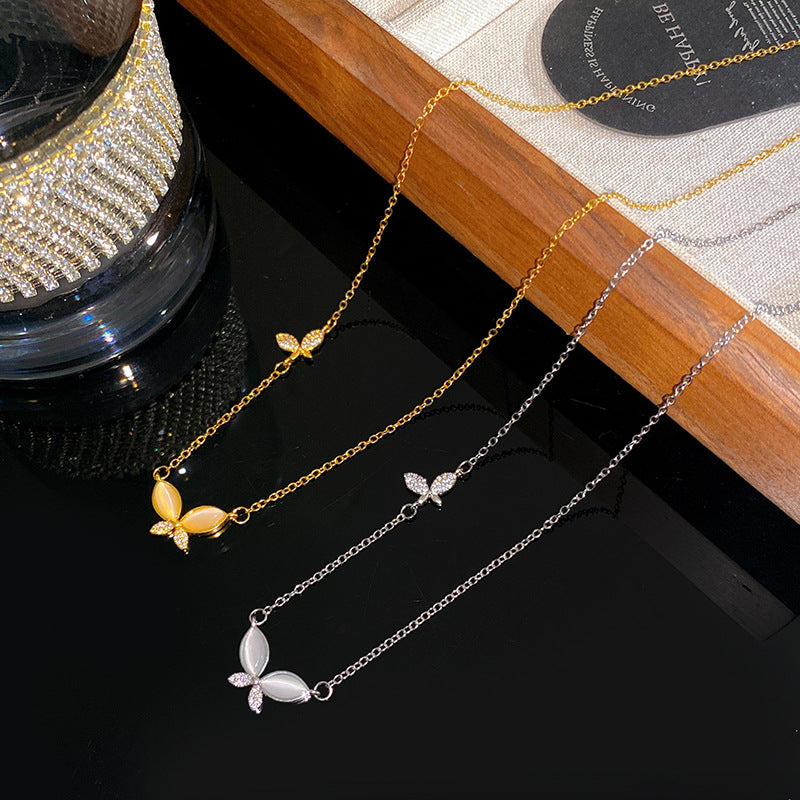 Sweet Butterfly Titanium Steel Necklace with Cubic Zirconia and Cat's Eye Inlay Plated Finish Cable Chain