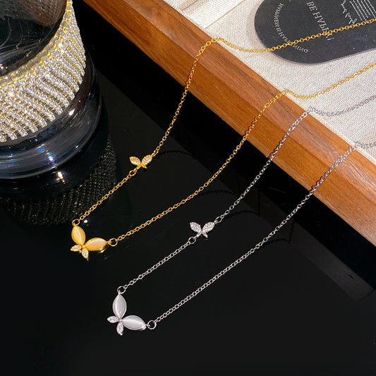Sweet Butterfly Titanium Steel Necklace with Cubic Zirconia and Cat's Eye Inlay Plated Finish Cable Chain