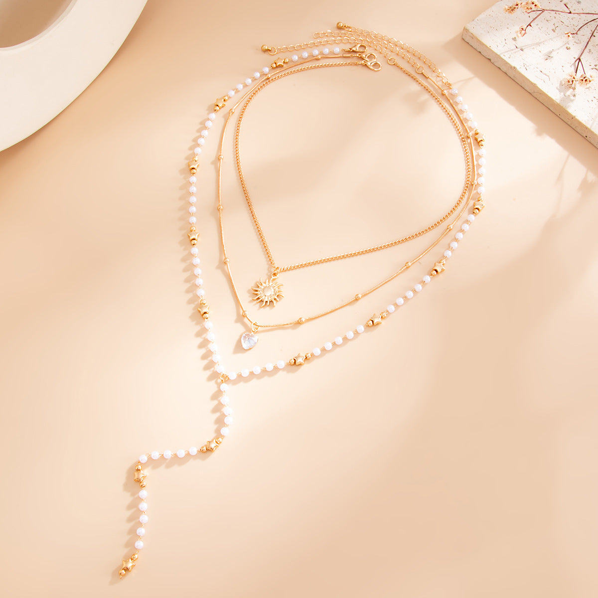 Luxury Elegant Star Plated Brass Zinc Alloy Pendant Y-Shape Layered Pearl Tassel Necklace for Women
