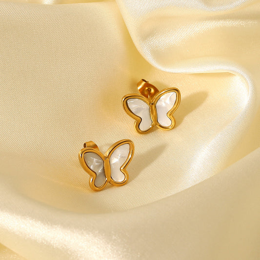 Elegant French Style 18K Gold Plated Stainless Steel Butterfly Stud Earrings for Women with Natural White Shell