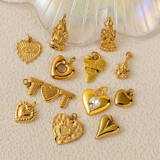Vintage 18K Gold Plated Heart Shape Stainless Steel PVD Charm Bar Necklace