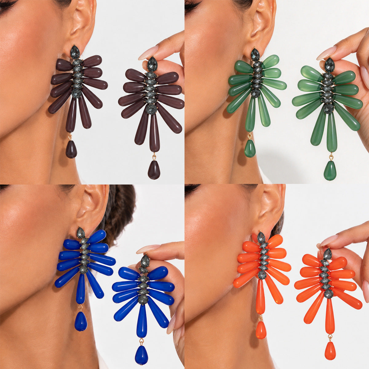 Sweet Luxury Teardrop Oval Resin Rhinestone Plated Earrings for Women