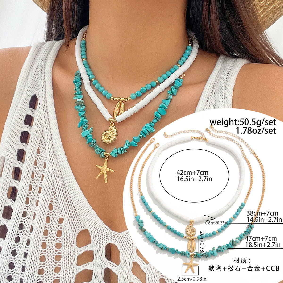 Sweet Star Geometric Zinc Alloy Plated Necklace with Turquoise and Beads for Women