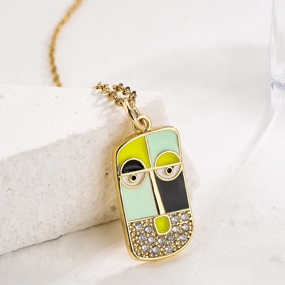 Collana con ciondolo in rame geometrico creativo placcato oro con intarsio di strass e design a ritratto smaltato per donna