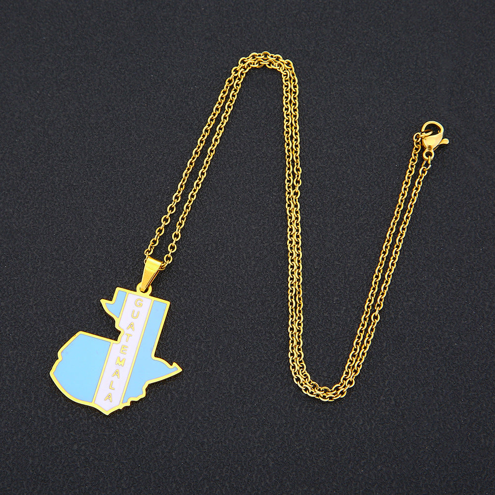 Collana con Pendente Vintage a Mappa del Guatemala in Smalto, Acciaio Inossidabile e Titanio con Catena a O Unisex