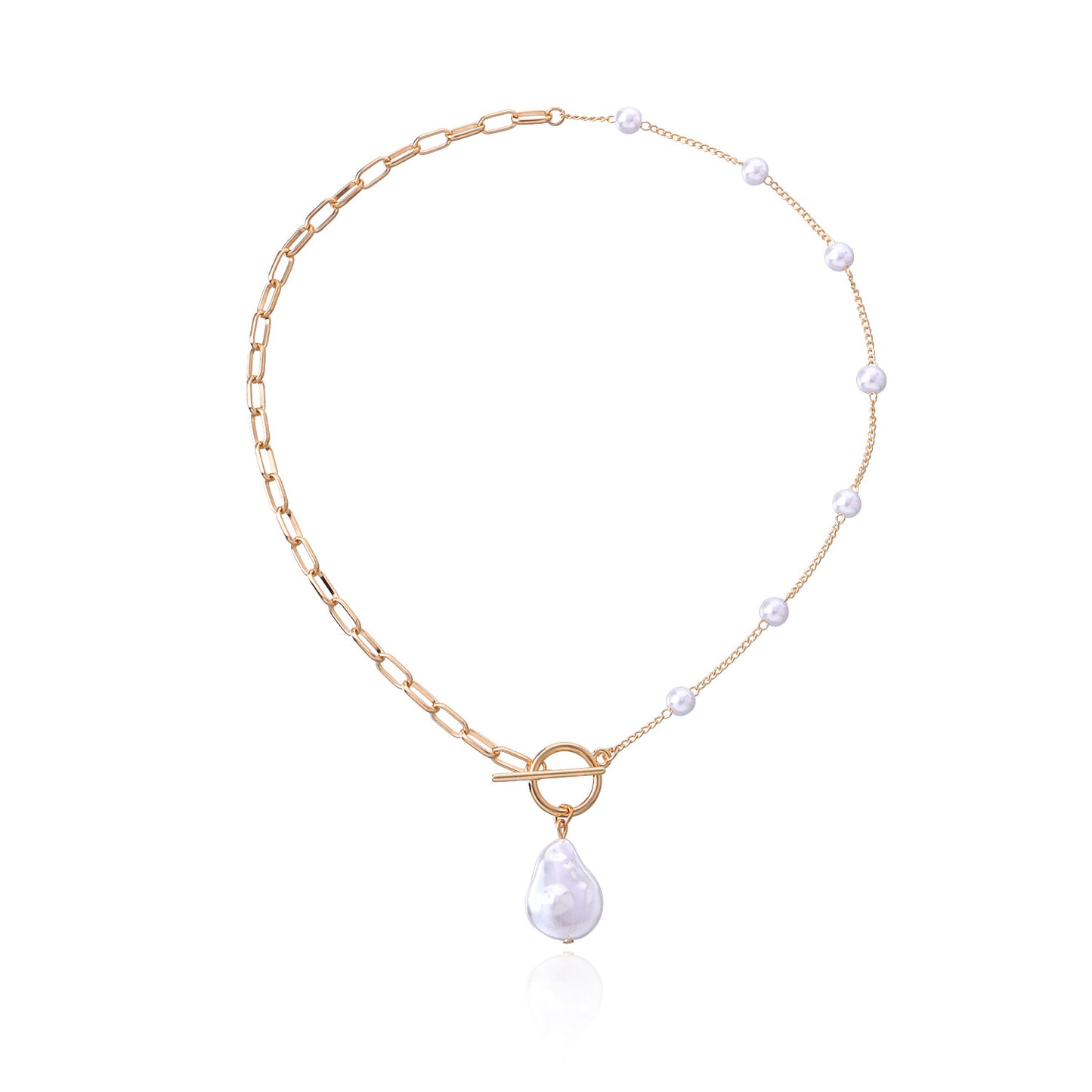 Gourd-Shaped Flat Pearl Pendant Necklace with Asymmetrical Design Alloy Link Chain for Women