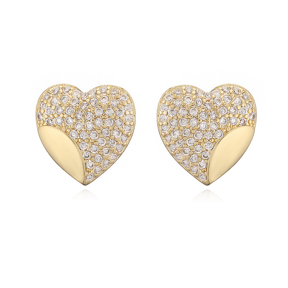 Minimalist Luxury 18K Gold Plated Brass Heart Stud Earrings with Cubic Zirconia
