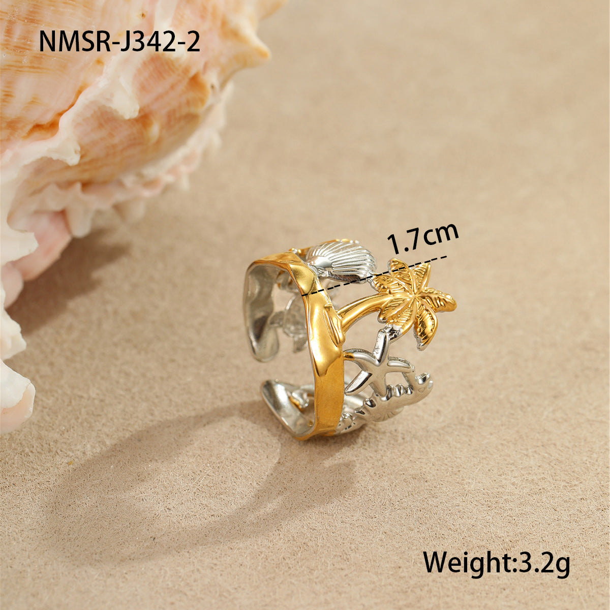Anillo de perlas de lujo con temática de sirena y océano en acero inoxidable con baño de oro y banda abierta ajustable para mujer