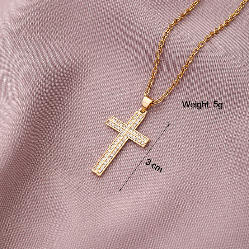 Collar Minimalista de Cobre con Colgante de Cruz e Incrustaciones de Pedrería en Cadena O para Uso Unisex