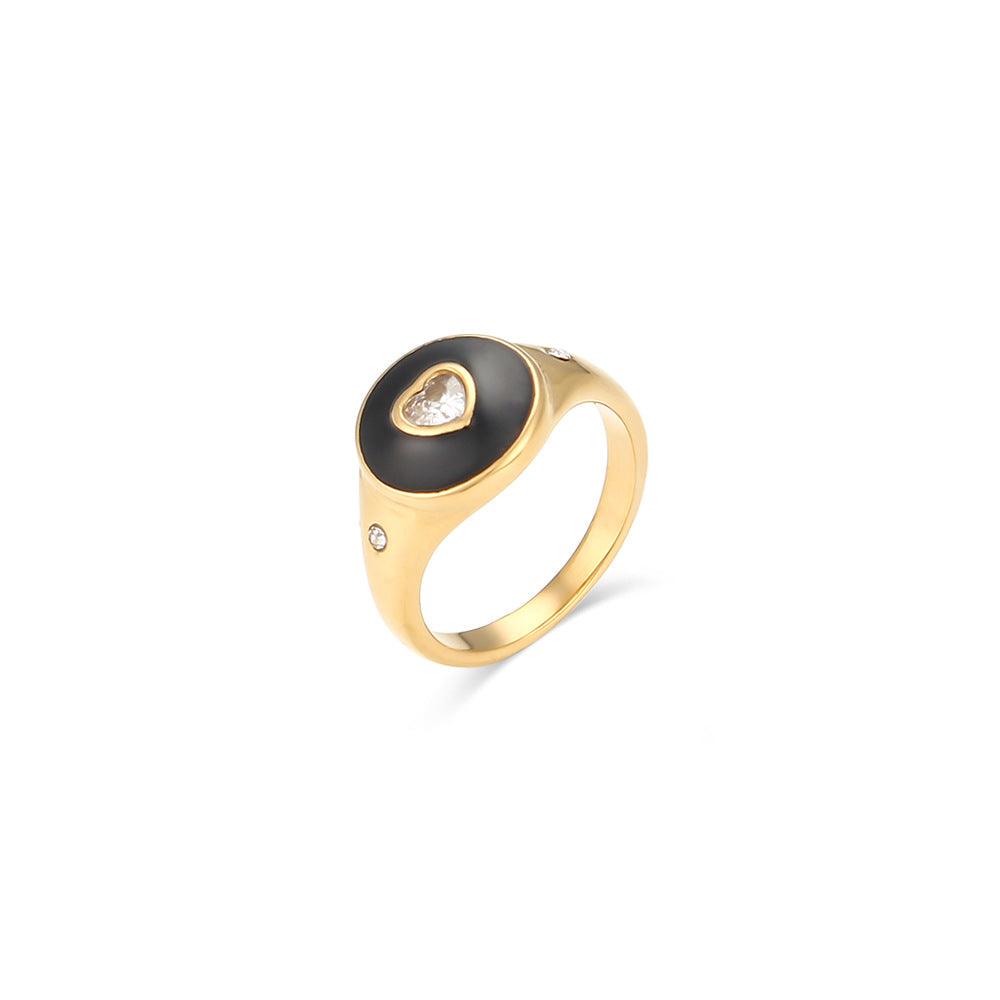Anello da donna a forma di cuore con strass bianchi, in acciaio inossidabile placcato oro 18K con smalto nero, dal design geometrico retrò chic