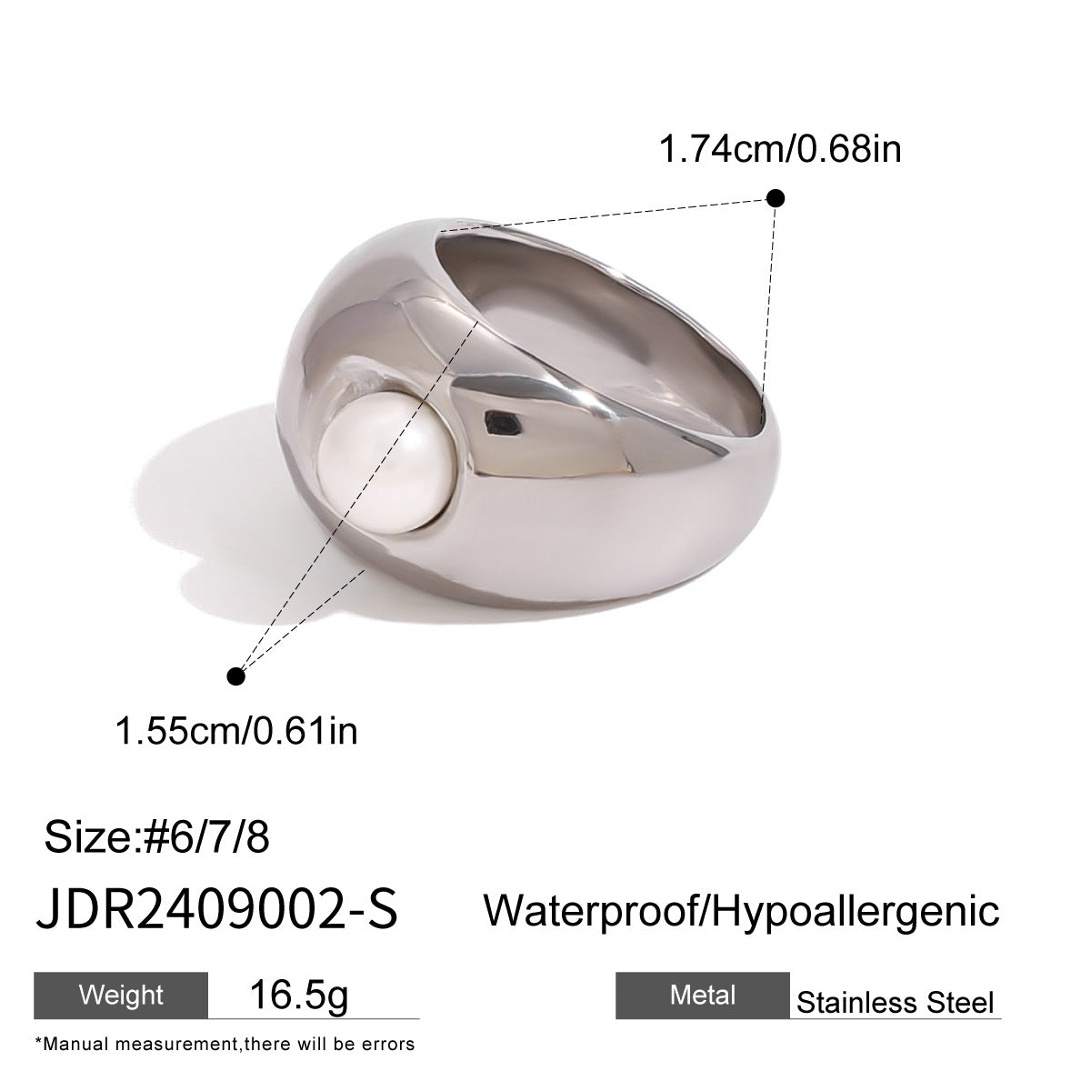 Anillo de acero inoxidable geométrico vintage con incrustaciones de perlas y acabado chapado para mujer