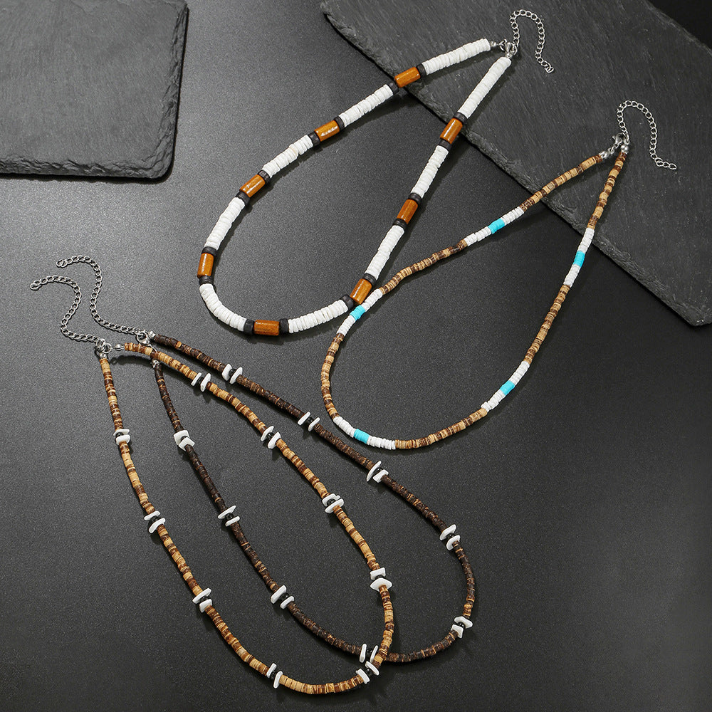 Bohemian Geometric Round Wood Coconut Shell Resin Inlaid Stainless Steel Ball Chain Necklace for Unisex