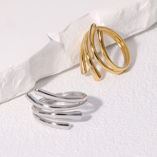Anillo Abierto Minimalista de Líneas Geométricas en Acero Inoxidable con Baño de Oro para Mujer