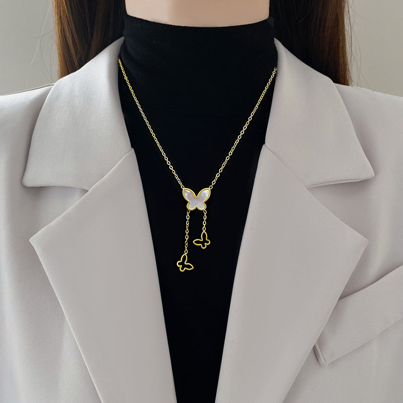 Minimalist Titanium Steel Butterfly Pendant Necklace for Women with Real Gold Plating and Geometric Design, Clavicle Chain for Fashion-Forward Everyday Wear