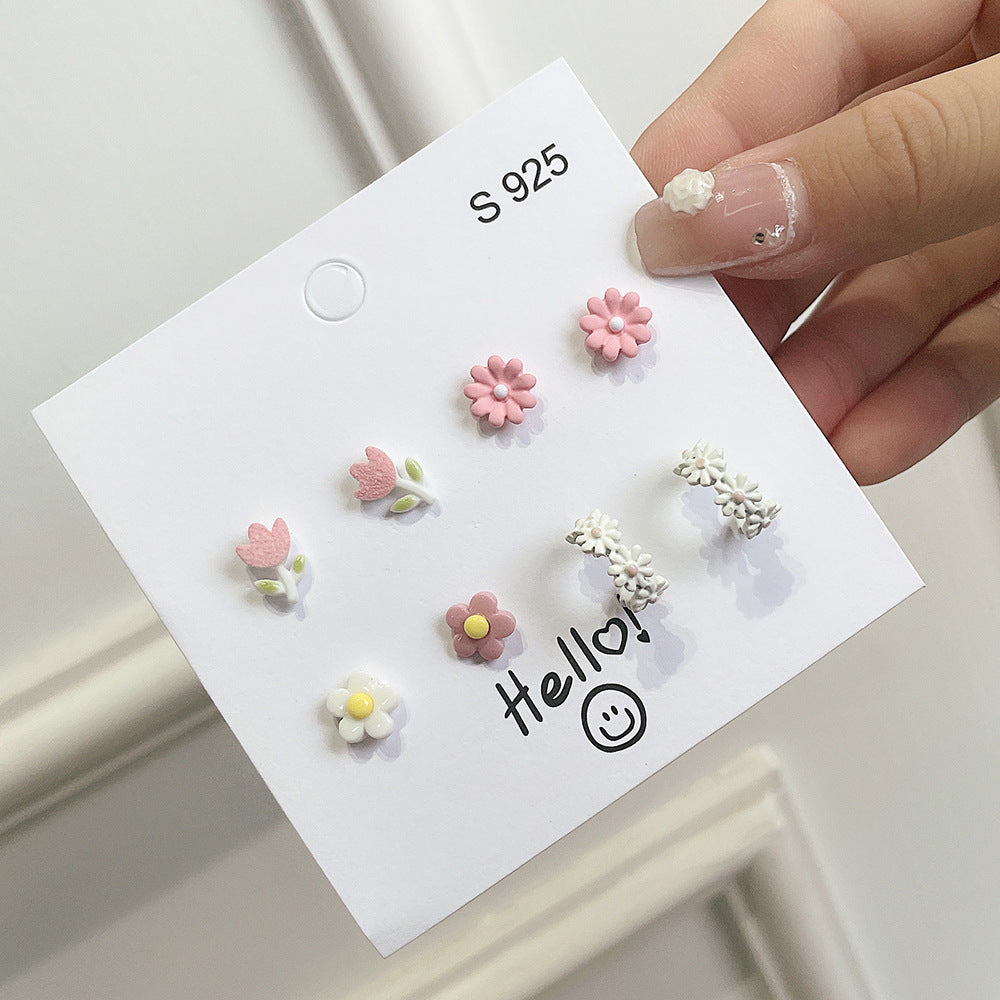 Sweet Geometric Floral Ceramic Stud Earrings with Stainless Steel Posts