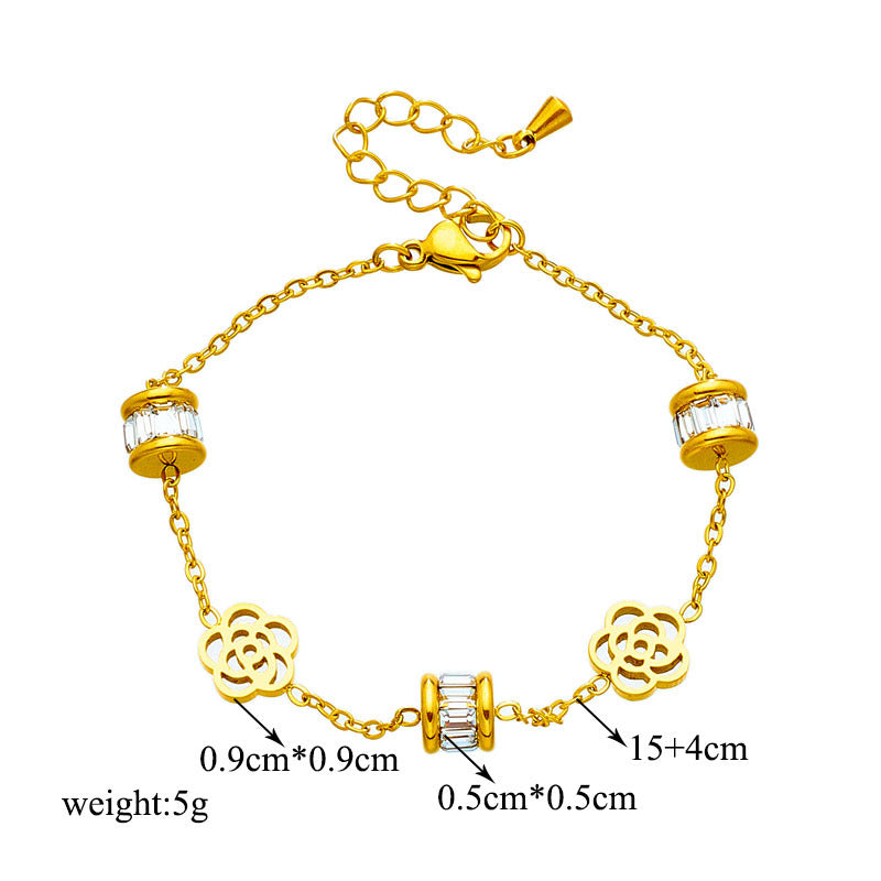 Elegant Minimalist Butterfly Pearl Floral Rhinestone-Embellished Gold-Plated Stainless Steel Bracelet for Women