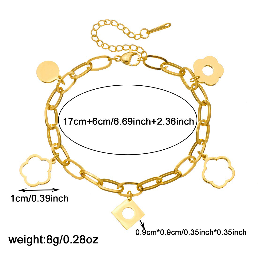 Vintage Gold Plated Stainless Steel Floral Geometric Round Square Pendant Bracelet