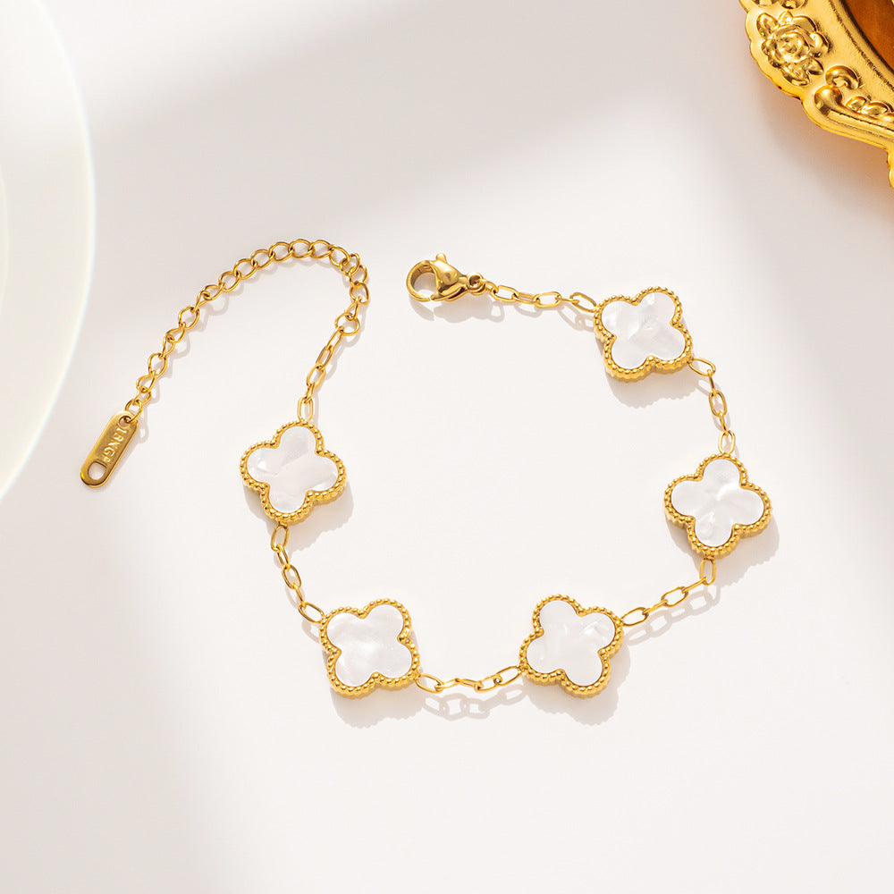 Luxury Geometric Four-Leaf Clover Bracelet 18K Gold Plated Titanium Steel Five-Color Double-Sided Women