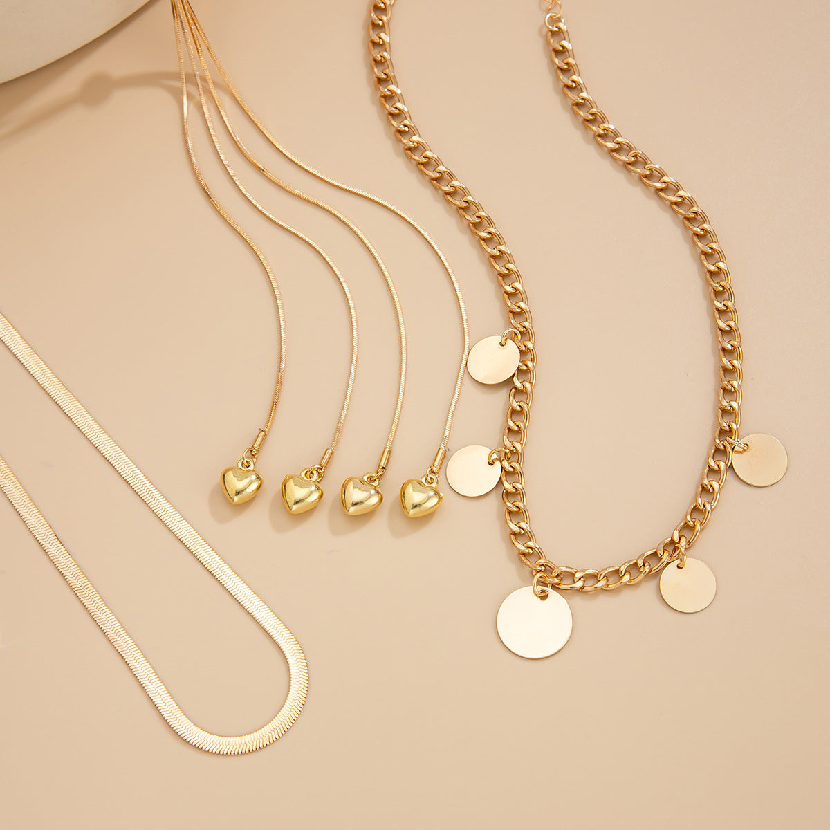 Layered Heart Pendant Round Disc Snake Chain Necklace Plated Alloy Jewelry for Women