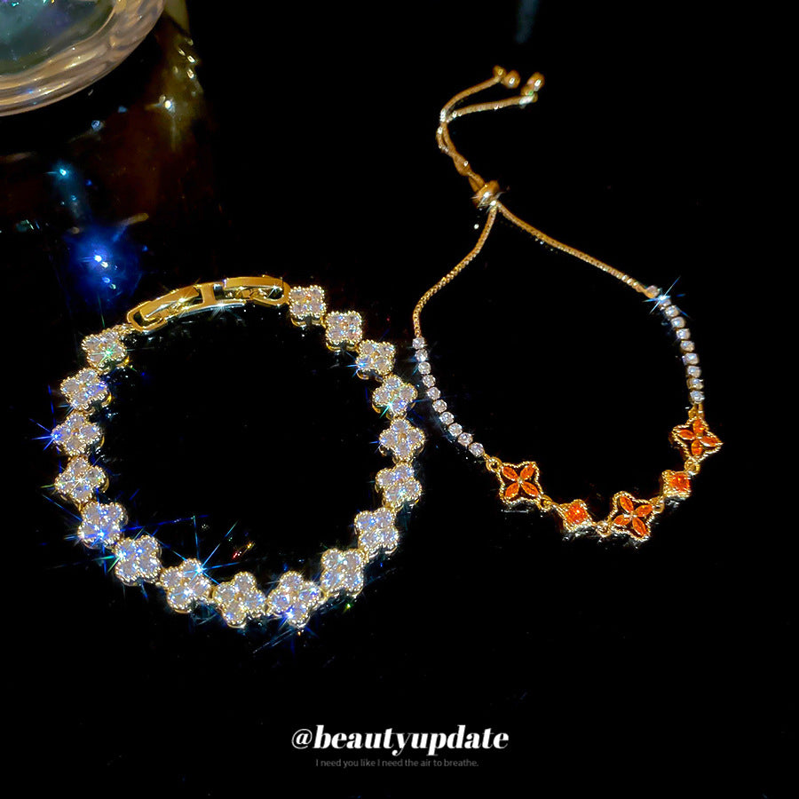 Elegant Floral Bracelet for Women with 18K Gold Plating and Zircon Inlay, Vintage-Inspired Luxury Hand Jewelry