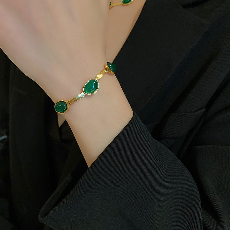 Vintage Geometric Titanium Steel Plated Bracelet for Women with Emerald Green Accents Elegant Minimalist Designer Cuff