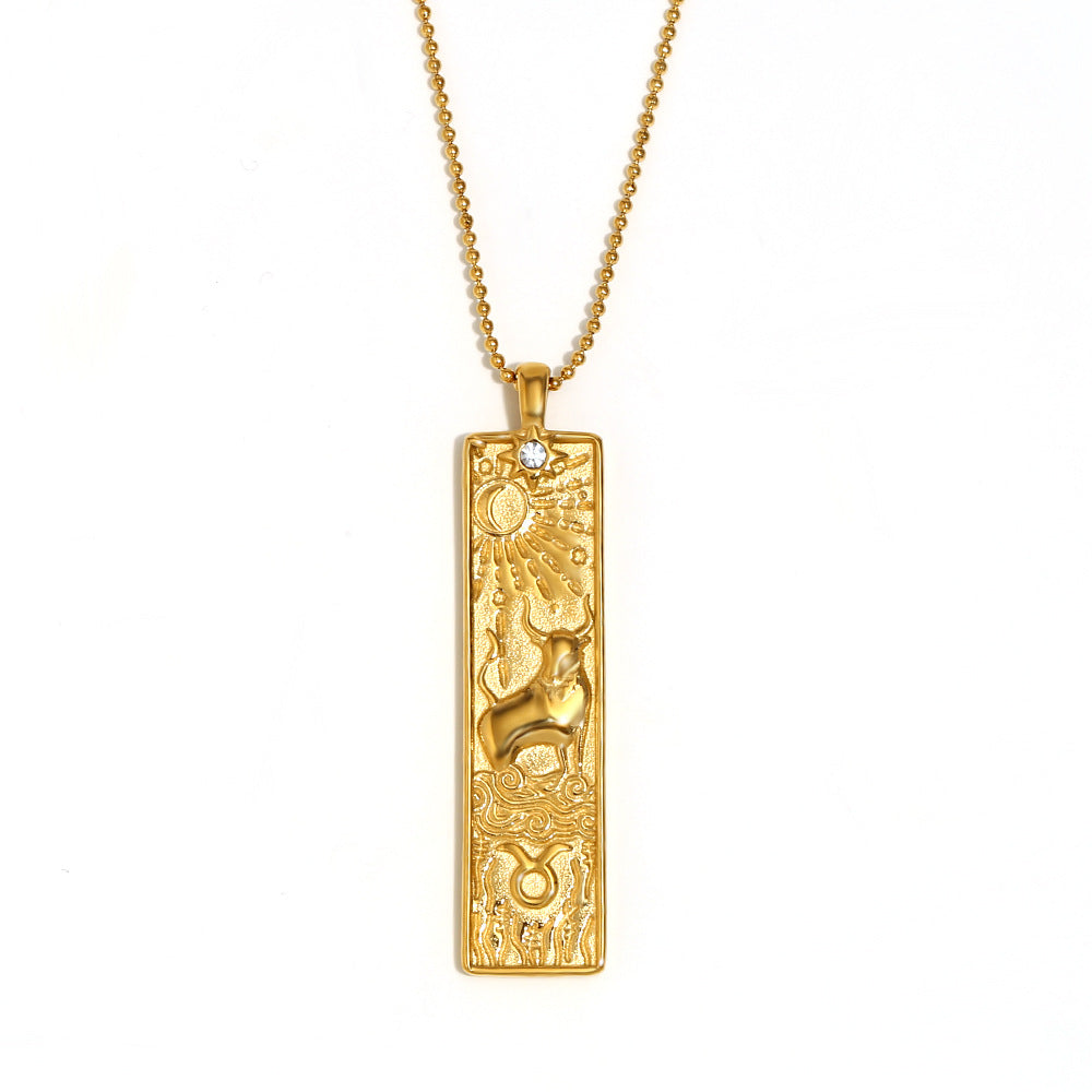 Vintage Geometric Zodiac Pendant Necklace for Women Stainless Steel with 18K Gold Plating Square Charm