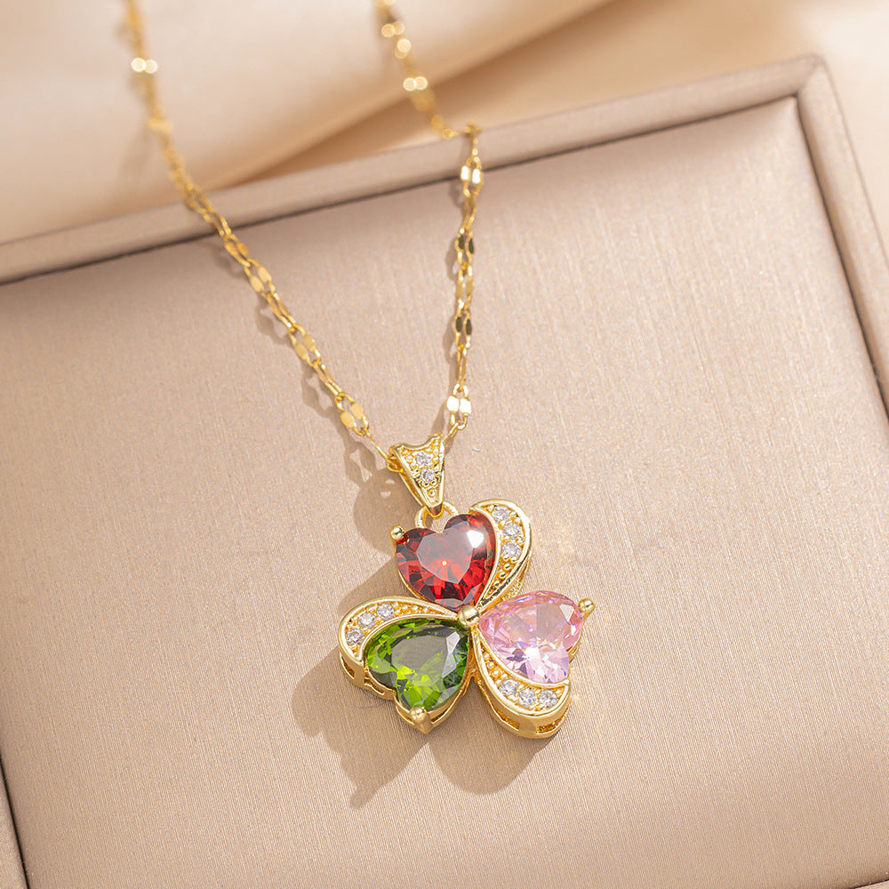 Elegant Minimalist Heart-Shaped Titanium Steel Necklace and Earrings Set with Rhinestone Inlay for Women