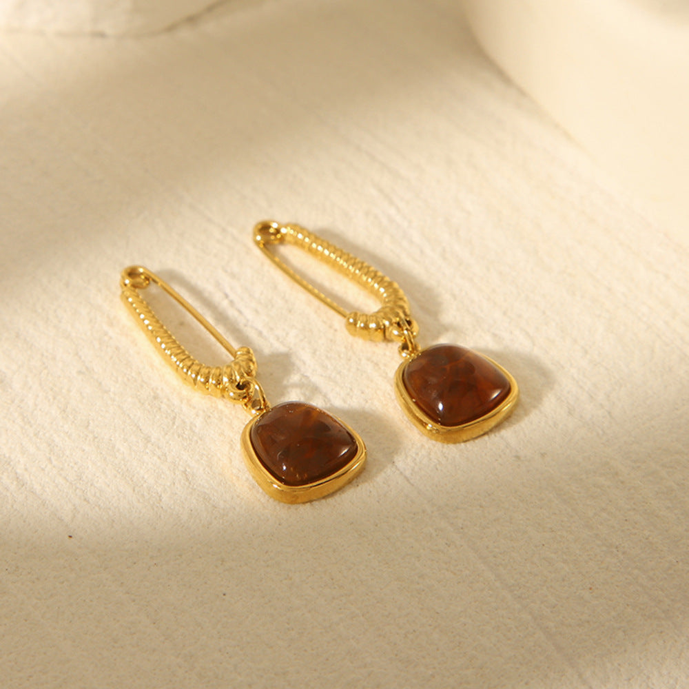 Vintage French Style Geometric Natural Stone Earrings 18K Gold Plated Stainless Steel for Women