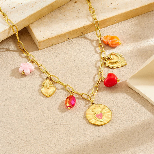 Sweet Gold Plated Drip Oil Round Heart Flower Stainless Steel Necklace and Bracelet Set with Serpentine Chain for Women