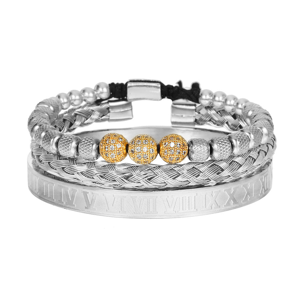 Geometric Round Stainless Steel Plated Bracelet Set with Cubic Zirconia Beads and Roman Numerals for Men and Women