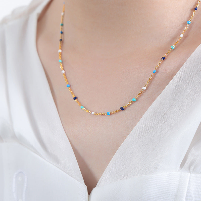 Conjunto minimalista de collar y pulsera de cadena con eslabones O de acero de titanio y detalles de esmalte para mujer