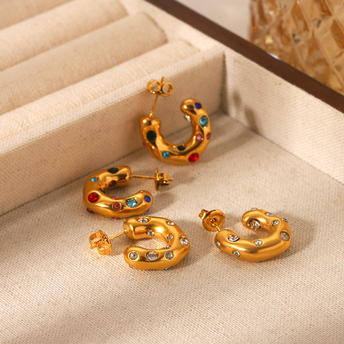 Ins Style Geometric C-Shaped 18K Gold Plated Stainless Steel Stud Earrings with Zircon for Women