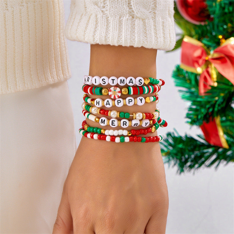 Handmade Christmas Style Beaded Bracelet Set with Alphabet Charms and Polymer Clay Beads in Alloy for Unisex Wear