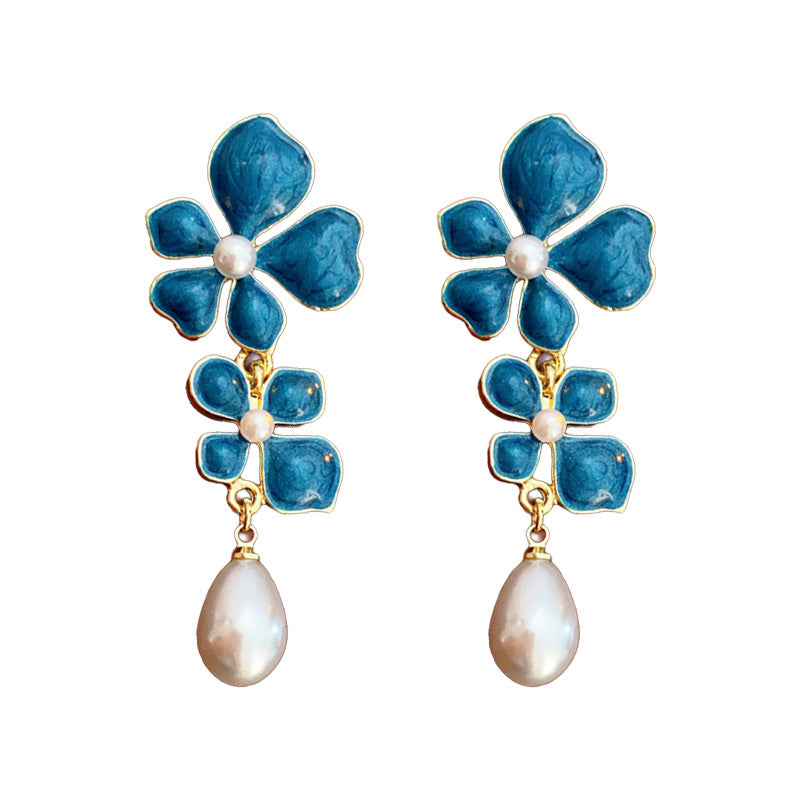 Orecchini Vintage da Donna con Perle a Fiori, Finitura Smaltata in Lega con Perni in Acciaio Inossidabile