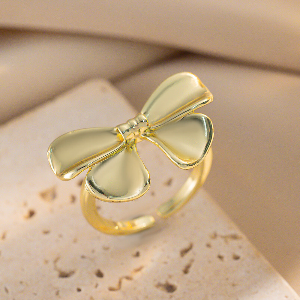 Minimalist Bow-Shaped Ring for Women in Copper with 18K Gold Plating, Adjustable Open Band Design
