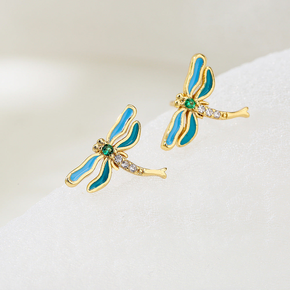 Minimalist Butterfly and Dragonfly Stud Earrings in Copper with 18K Gold Plating and Enamel Finish for Women