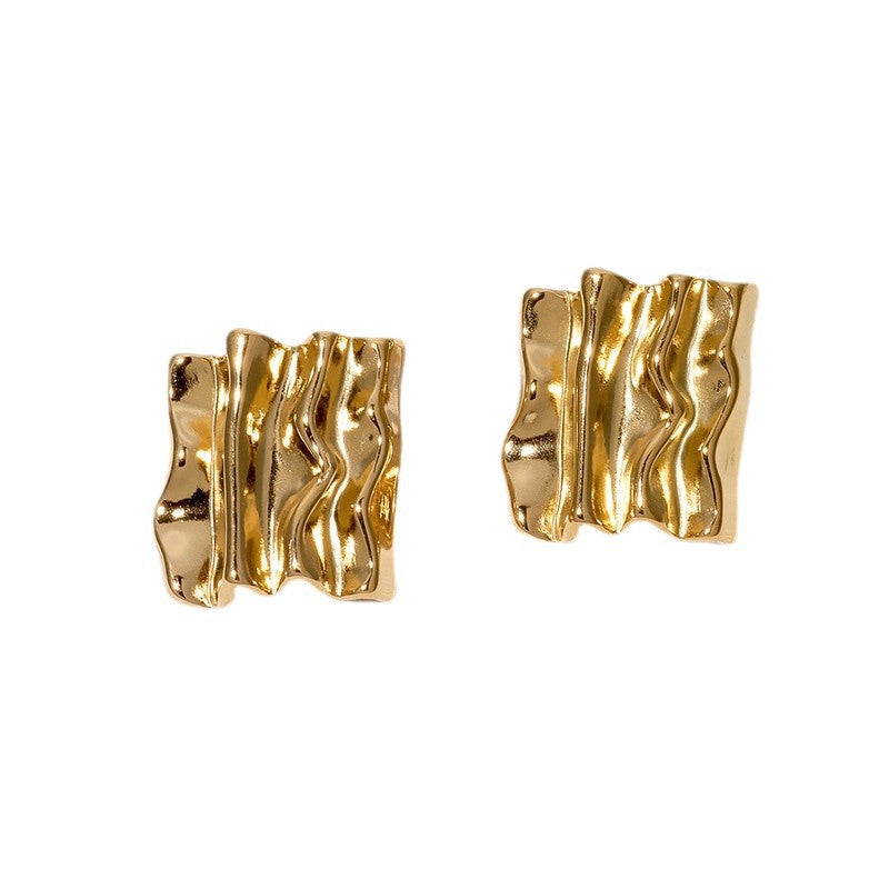 Vintage French-Style Textured Irregular Geometric Stainless Steel Earrings for Women with Gold Plating
