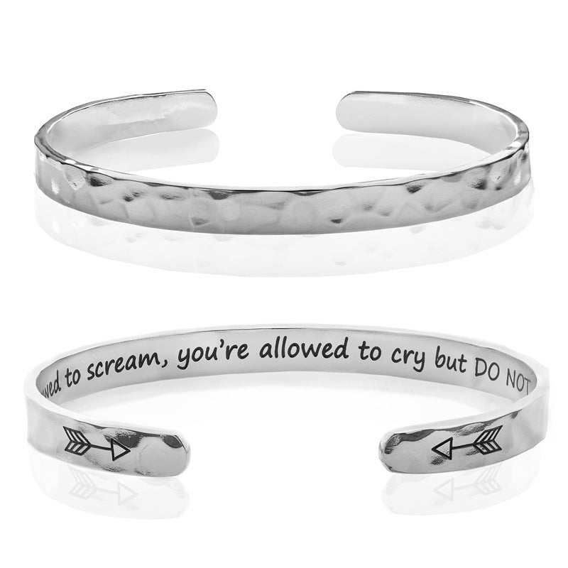 Minimalist Stainless Steel Engraved Open Moon Surface Textured Hammered Bracelet