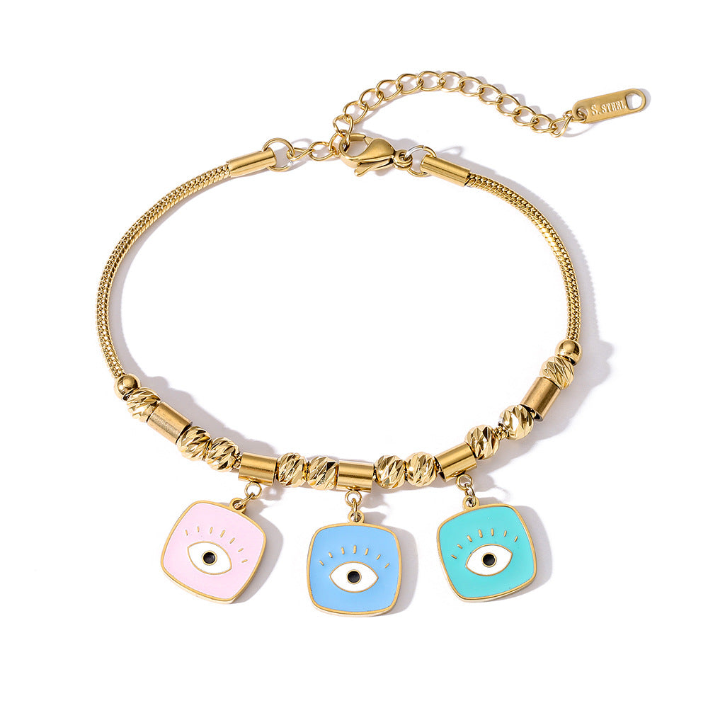 Minimalist Geometric Titanium Steel Bracelet for Women with Enamel Evil Eye Inlay and Micro-Pave Zirconia