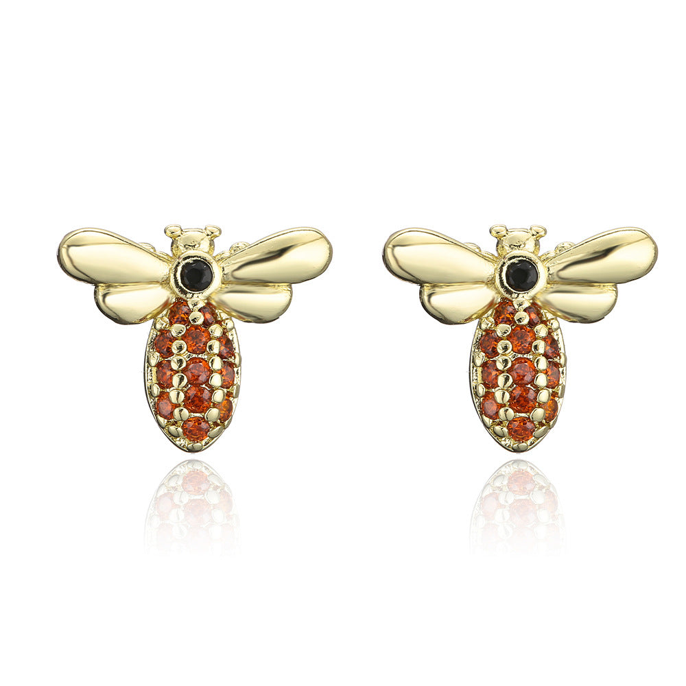 Geometric Insect Design Copper Earrings with Real Gold Plating and Zirconia Accents for Women
