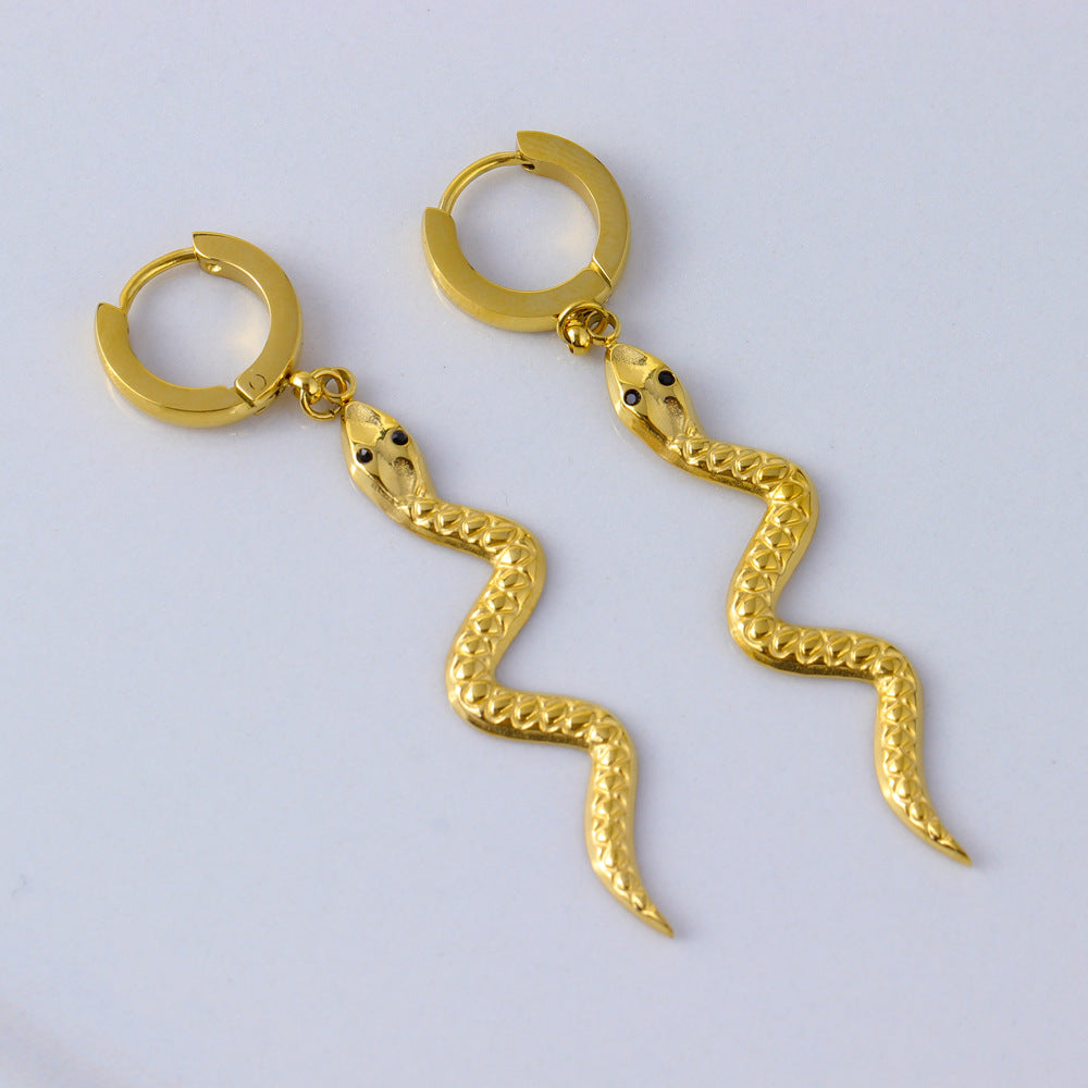 Fashionable Snake-Shaped Stainless Steel Earrings for Women with Gold Plating, Long Length to Complement Facial Features