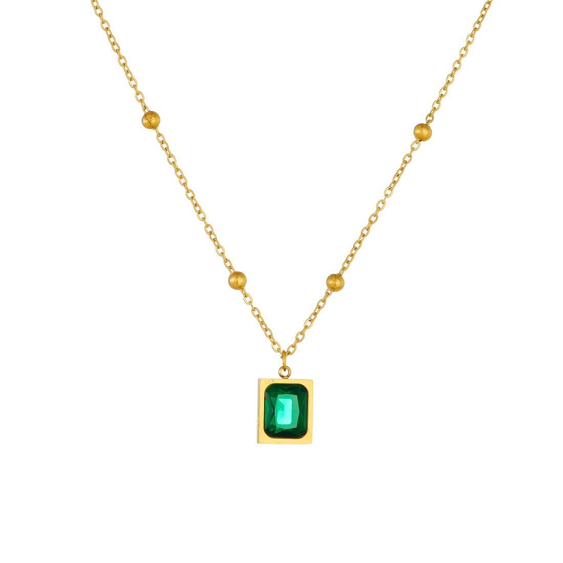 Gold Plated Square Geometric Rhinestone Inlay Stainless Steel Pendant Necklace for Women