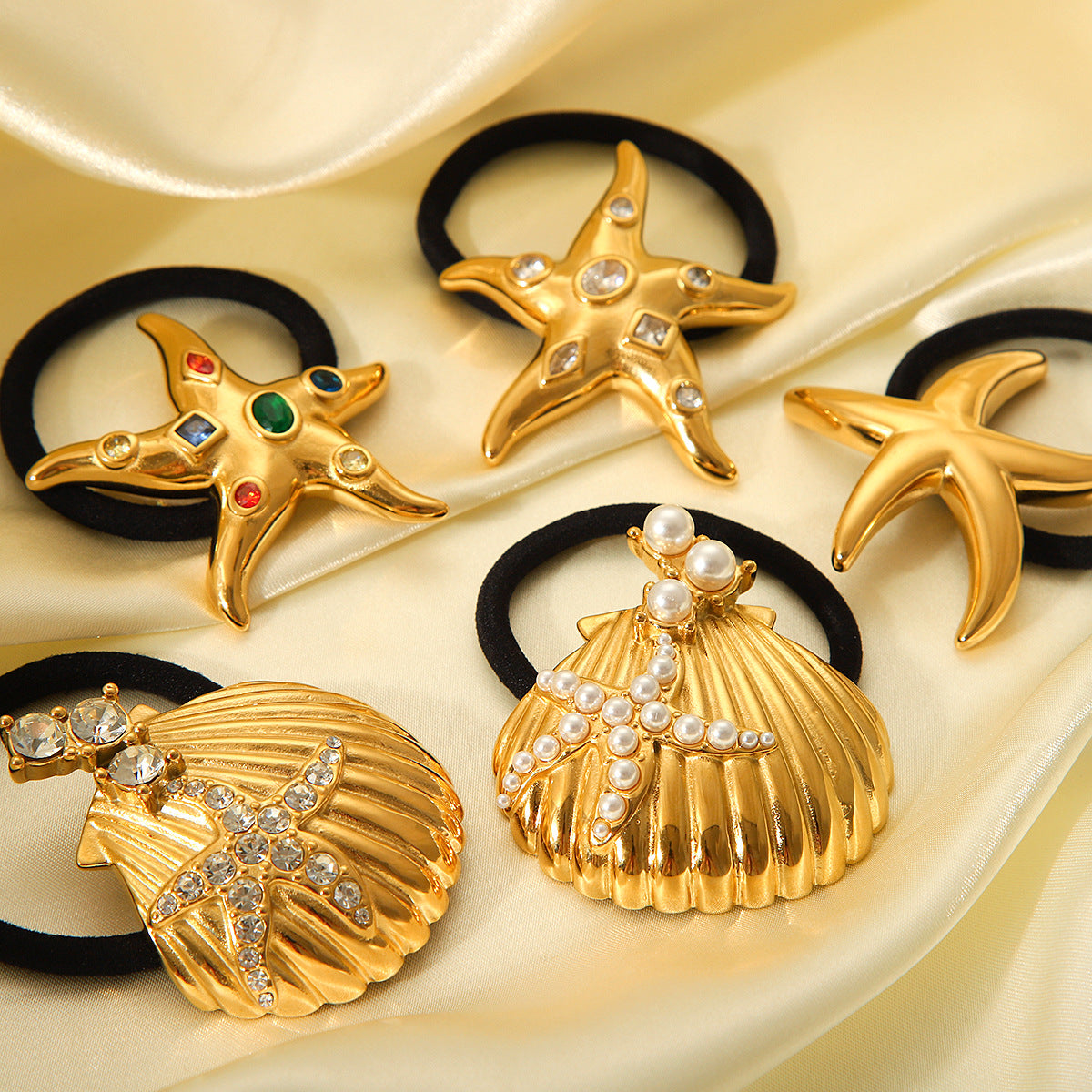 Trendy 18K Gold Plated Stainless Steel Seashell Starfish Hair Tie with Rhinestone Inlay for Women