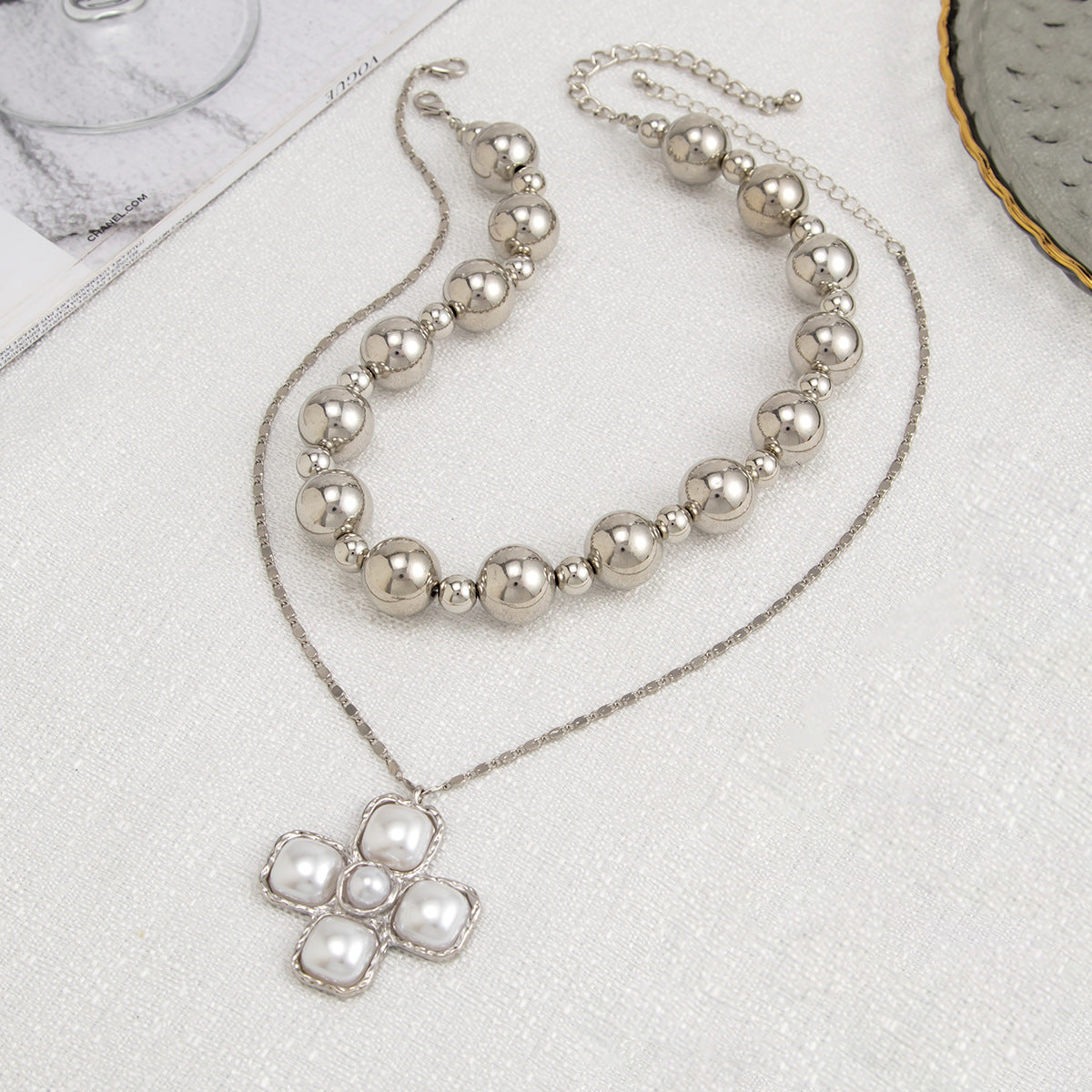 Punk Hip-hop Plated Alloy Cross Pendant Ball Chain Necklace for Women