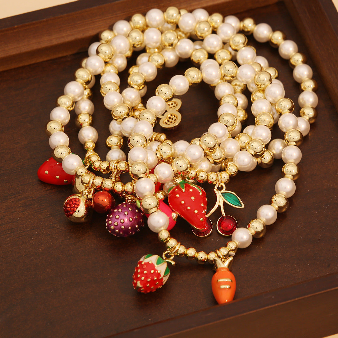 Sweet Cherry and Strawberry Beaded Bracelet in Brass with Handcrafted Farmhouse Style Fresh and Cute Design